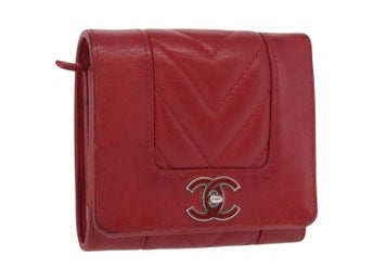 CHANEL Matelasse Mademoiselle Plånbok Lammhud Röd Silver CC Autentisk 165720