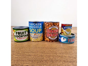 Melissa & Doug Play Food Cans Set - Toy Kitchen Role Play - Cardboard with Plast