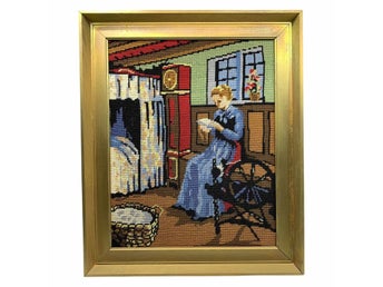 Broderad Tavla Kvinna Spinner Inramad Retro Heminredning Färggrann