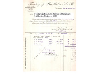 Forsberg & Lundholm AB Faktura till småländsk lanthandel 26 oktober 1920 tyger