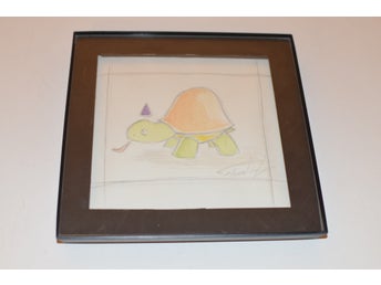 liten tavla signerad ritning sköldpadda 16 x 16 cm