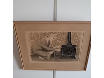 Litografi Kvinna vid kamin