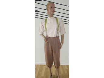 Äppelknyckarbyxa m hängslen/ Vintage/ 40-tal/ Fiskbensmönstrad byxa/ Ylle/Defekt