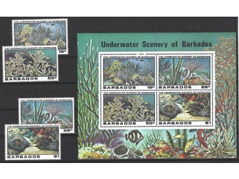 Barbados 1980 Hav Koraller fiskar mm 4v + block