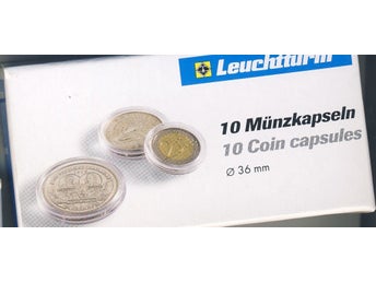 36 MM RUNDA MYNTKAPSLAR AV REPTÅLIGT PLEXIGLAS I FP OM 10 ST