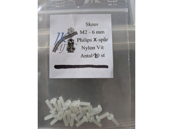20 st skruv M2x6 mm. Nylon. Platt.