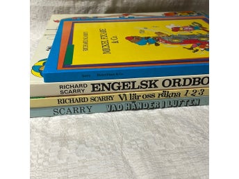 4 st böcker av Richard Scarry: Mickel Fixare & Co, Engelsk ordbok, Vi lär oss