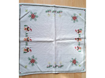 Retro! liten julduk handbroderad broderi tomtar ljus julstjärnor på grå botten