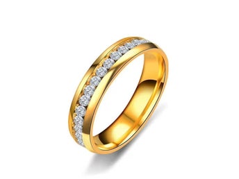 Ring i guld färg – rostfritt stål & glittrande zirkon, dam/herr, ST 10, 19-20 mm
