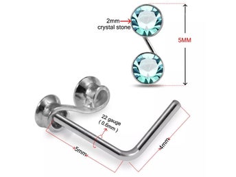 1 st. L-formad S Näs piercing i 925 silver med 2x2 mm. nr. 1 vita CZ