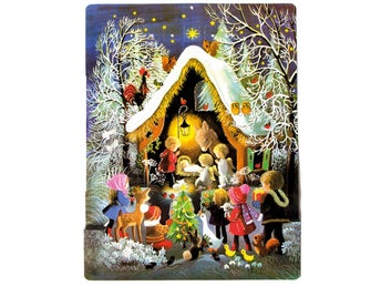 Adventskalender Barn vid Julkrubban 3D 28x40 cm – glitter & 24 luckor