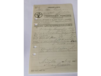 Orderkopia handlare i Målilla 6 juni 1936 fr. Fabriken Tomten Alex Lagerman Jr.