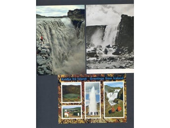 Island 3 vykort 1960-80tal bla Dettifoss Öxararfoss Strokkur