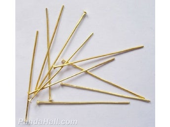 100 st. Guld pläterade hattpinnar med platt hatt 50 mm. långa 07 tjocka.