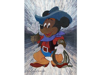 vykort, Musse pigg, Walt Disney Productions, cowboy, silverbakgrund
