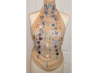 I/O Couture ladies vintage handmade beige silk summer party top-EU 34/36-UK 6/8
