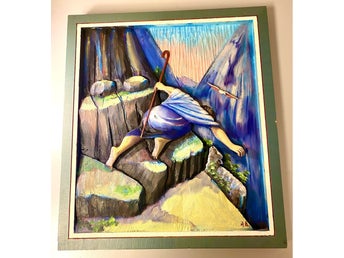 Albin Bergstrand trärelief “Det förlorade fåret” signerad AB ca 43 x 48 cm
