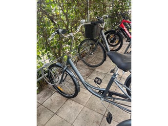 Grå trehjuling med korg