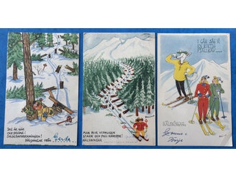 Humor Vykort Signerade, 3 st, skidor, skog, fjällräv