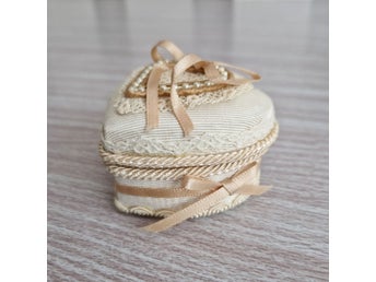 Marcela Gifts Heart Ring Box – Hinged Fabric Satin Lace Pearls Ribbon – Vintage