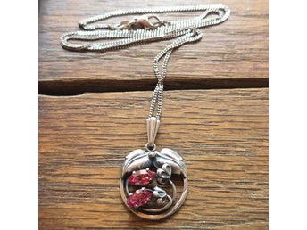Vintage halsband 50-tal sterling silver 925 hänge GK rosa stenar blad löv