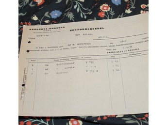 Restordersedel Nelson Målilla från BRIO Bröderna Ivarsson i Osby 8 mars 1938