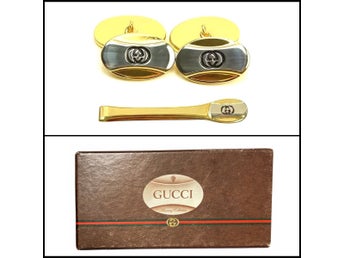 Gucci Parfums Chain Cufflinks and Tie Pin Gold/Silver Vintage 80s w Original Box