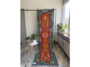 Färgglad vävd kelimmatta med geometriskt mönster 294 x 81 cm