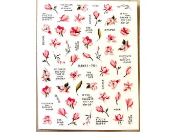 Nail art stickers Romantiska Vackra Rosa Blommor Fjäder Inspiration Text Citat
